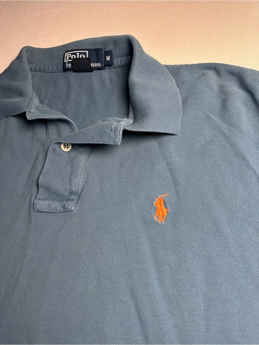 Vtg Polo Ralph Lauren Men M Blue Short Sleeve Polo Shirt Orange Pony 100% Cotton